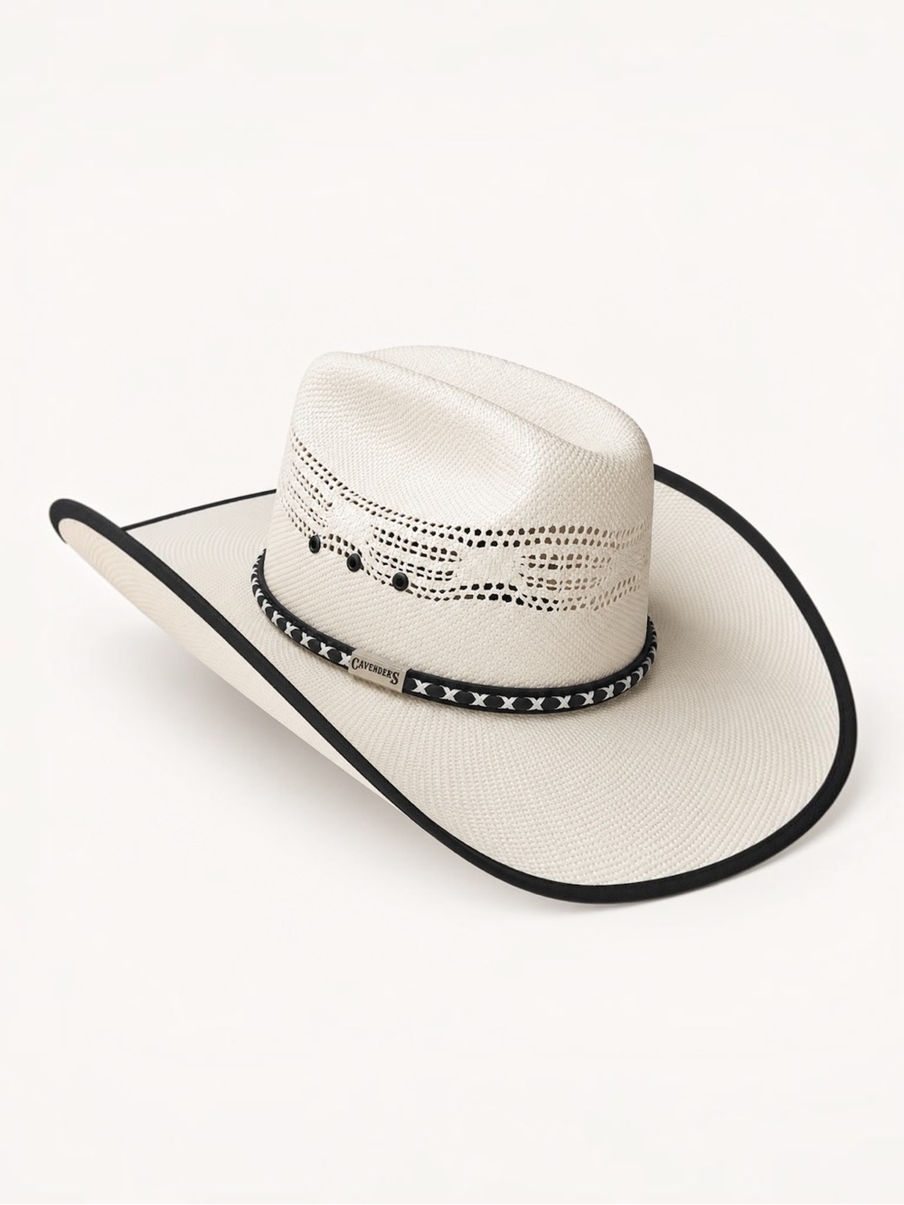 Cavender’s Straw Cowboy Hat Ivory Black Trim Vented Western Ranch Rodeo 7 3/8